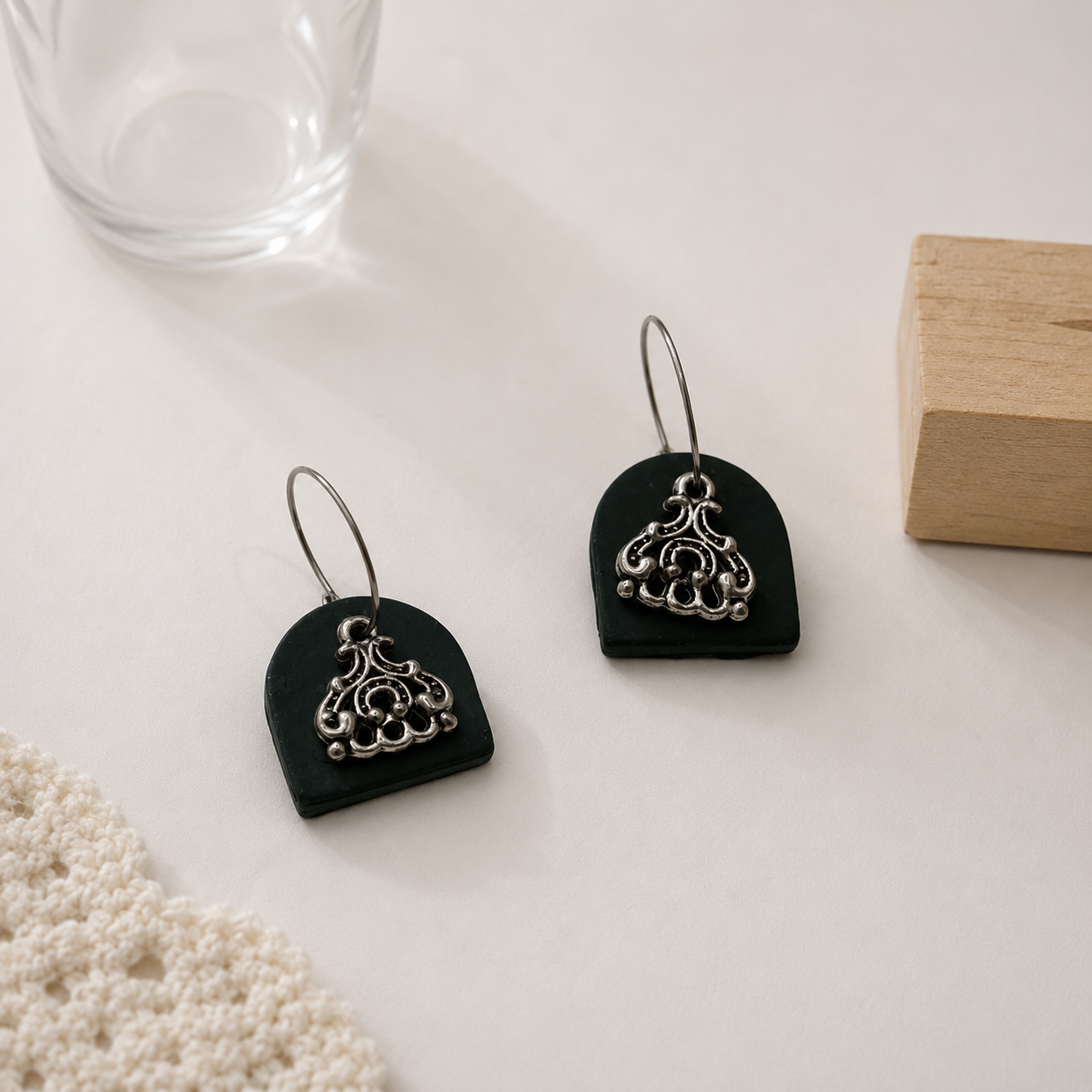 Green Arch & Silver Chandelier Earrings