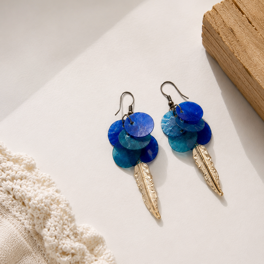 Ocean Blue Shell Disc Feather Earrings