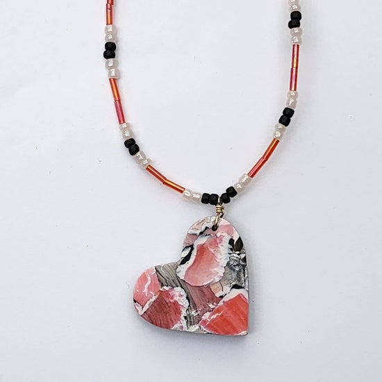Pale Red Beaded Heart Necklace - one off