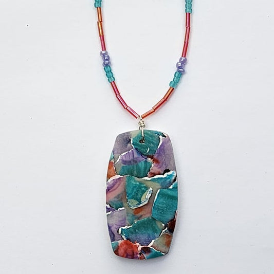Teal, Purple and Red Beaded Oblong Necklace - one off