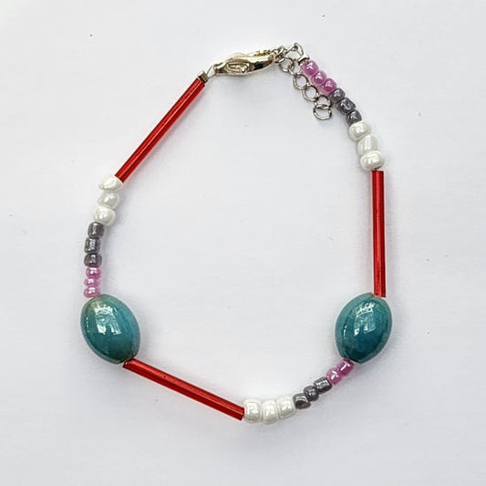 Teal and Red Bracelet - one off