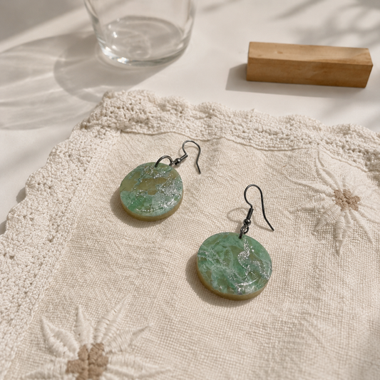 Mint Green Marble Pattern Round Earrings